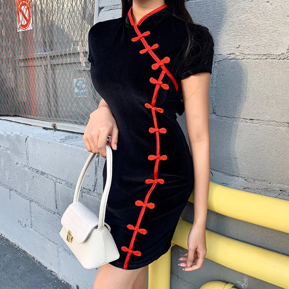 Облегающее черное платье Cheongsam с коротким рукавом сексуальное женское