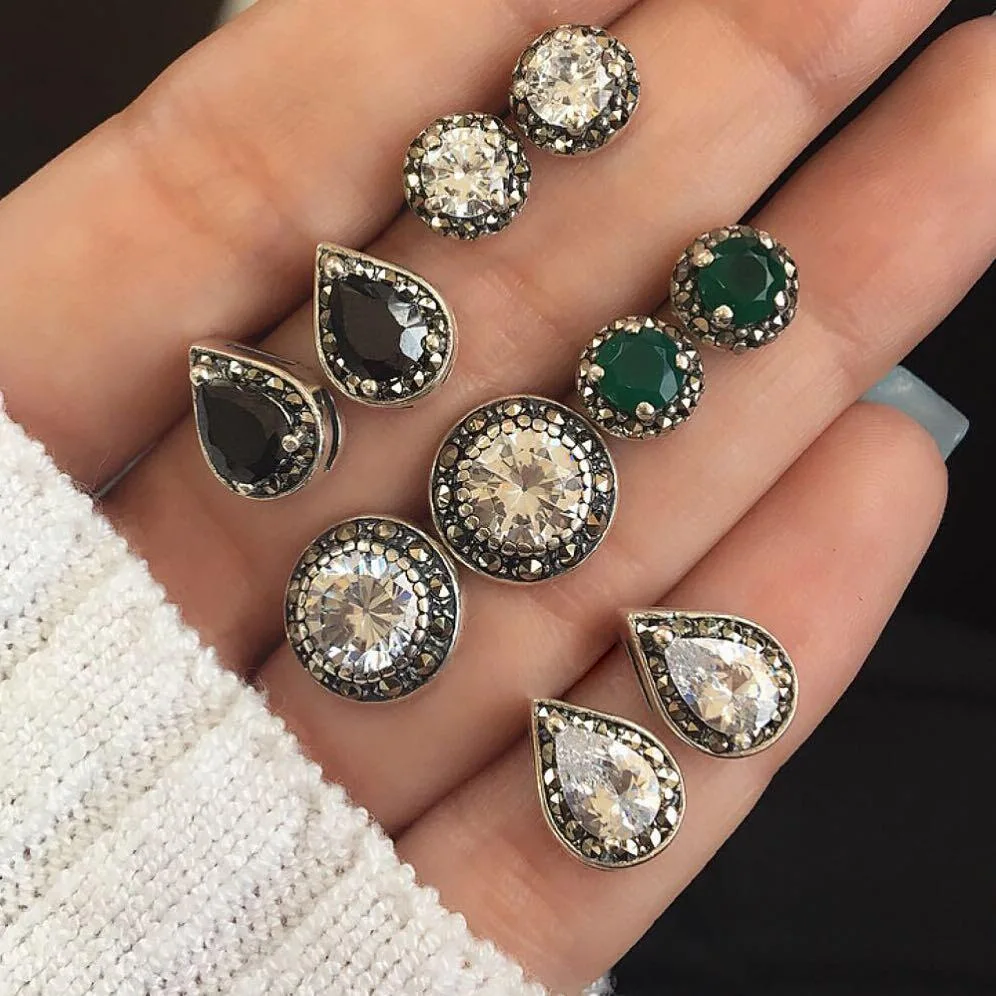 

New Bohemian Earrings 5 Pair Set Bright Blue White Black Gem Crystal Jewelry Stud Earrings Cерьги 2020 тренд бижутерия Kolczyki