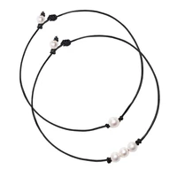 new women black leather cord three pearl pendant knot choker necklace jewelry cord knotted necklaces handmade jewelry