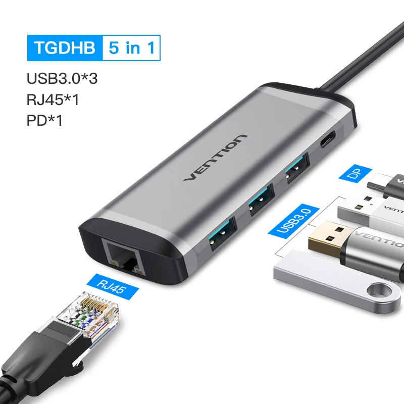 5 in 1 HUB Vention USB-C концентратора Тип C концентратор USB 3,0 Thunderbolt 3 HDMI 3,5 мм аудио RJ45 адаптер для MacBook Pro samsung Galaxy S9 USB C концентратора - Цвет: 5 in 1 HUB