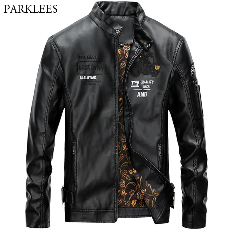 

Куртка мужская черная кожаная, брендовая дизайнерская мотоциклетная верхняя одежда из искусственной кожи с вышивкой