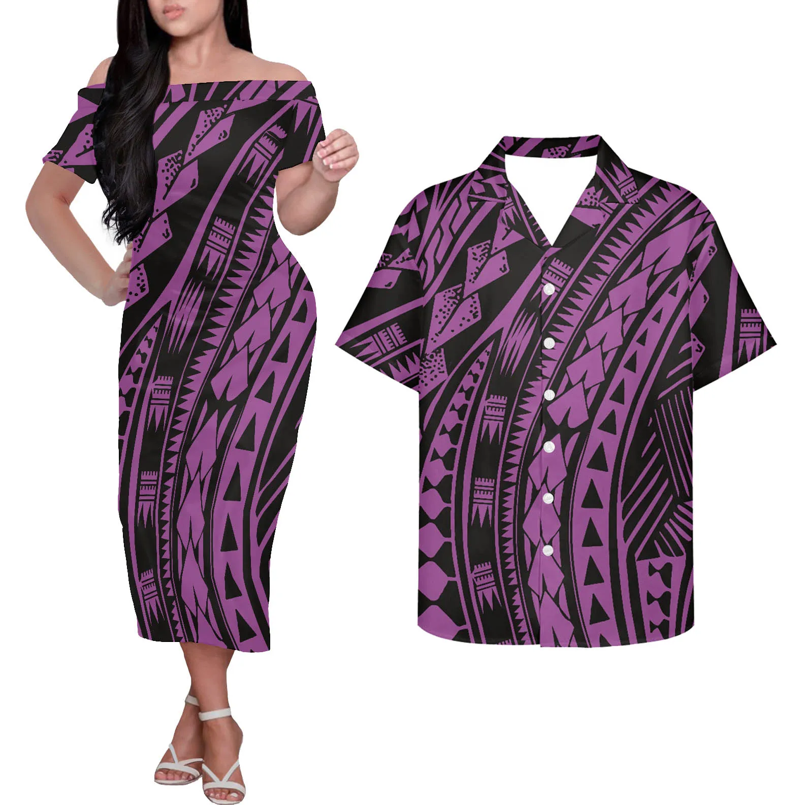 

HYCOOL Wholesale Plus Size Samoan Dress Casual 2pcs Couples Matching Clothing Set Polynesian Off Shoulder Dress Match Men Shirt