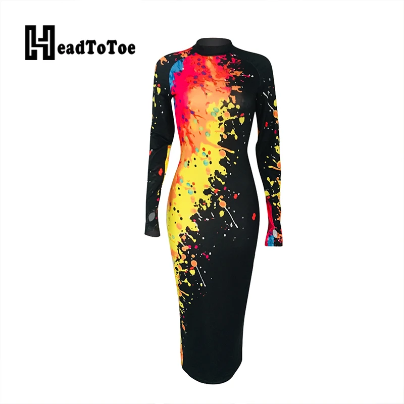 

Graffiti Print Elegant Long Dress Women Full Sleeve O-neck Fit Flare Elastic Mid-calf Long Dress Women