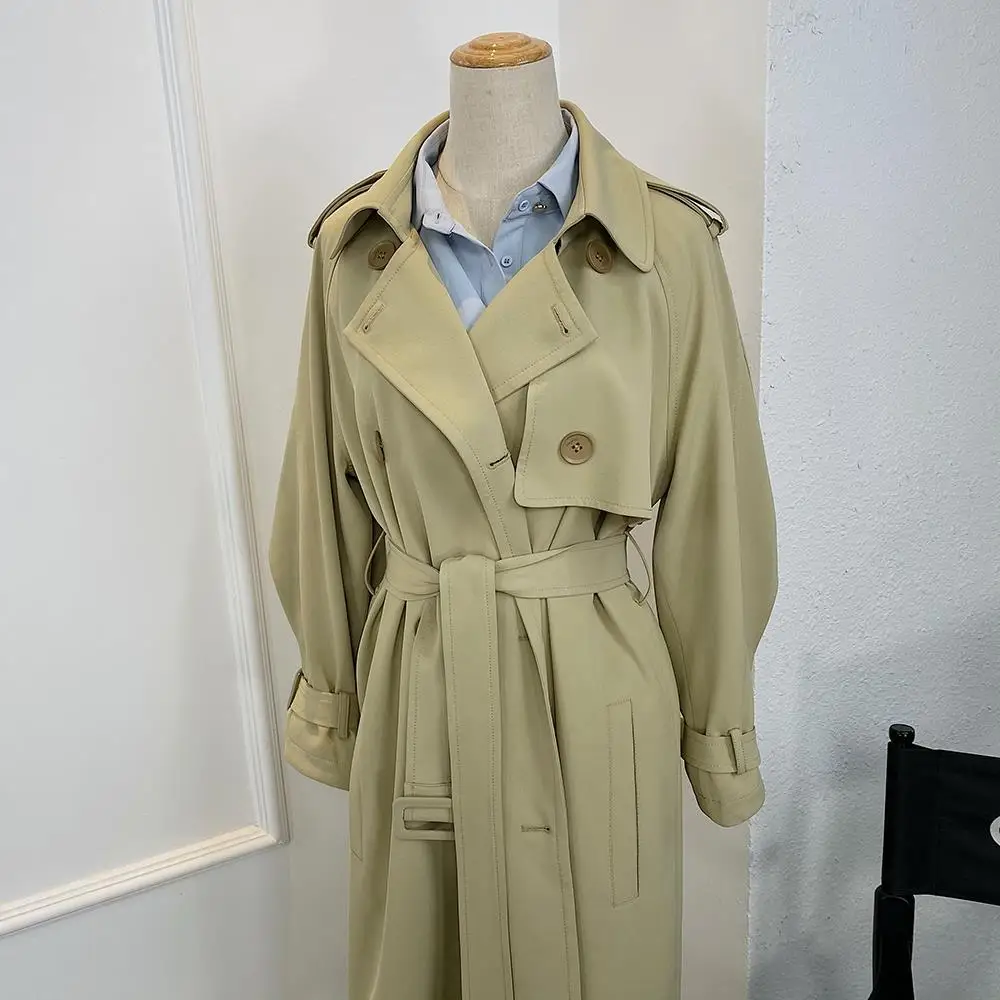 

Top women casual solid color double breasted outwear fashion sashes office coat chic epaulet design long trench
