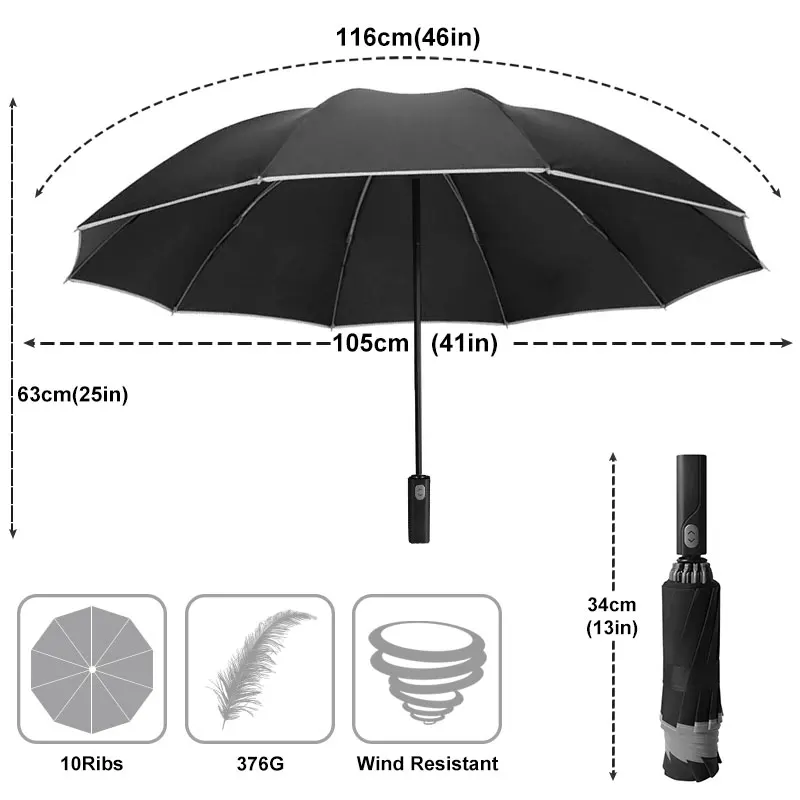 Ветрозащитный автоматический зонт с обратной резьбой большие складные