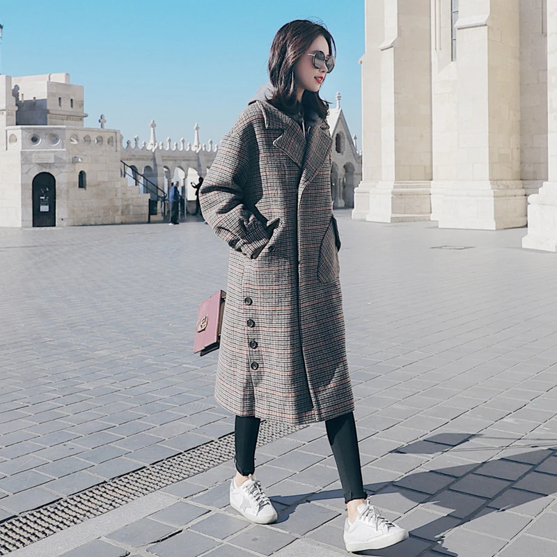 

2020New Wool Long Coat Women Fashion Harajuku Loose Winter Coats Female Elegant Vintage Plaid Jacket High Quality Cost-effective