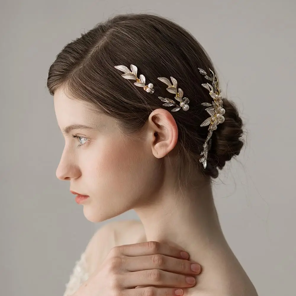 Аристократические Стразы с золотыми листьями и жемчугом ручной работы заколка