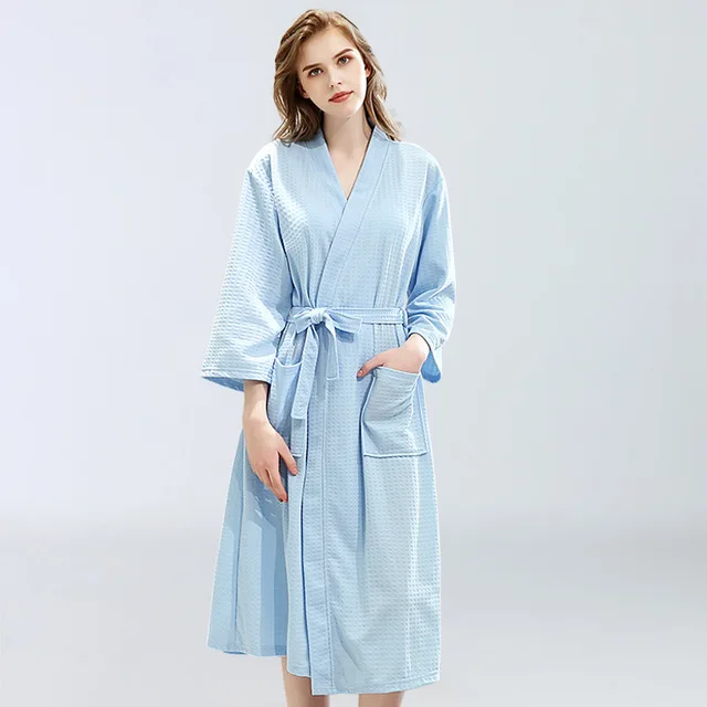 women blue Вафельное кимоно для влюбленных, хлопковый Халат для женщин и мужчин, длиной до колена, полотенце, отсасывающее пот, Летний Тонкий купальный халат, Femme, халат для подружки невесты - Цвет: women blue