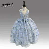 sky blue kids communion dresses ht155 elegant v neck pearls lace princess ball gown for girl appliques shining flower girl dress
