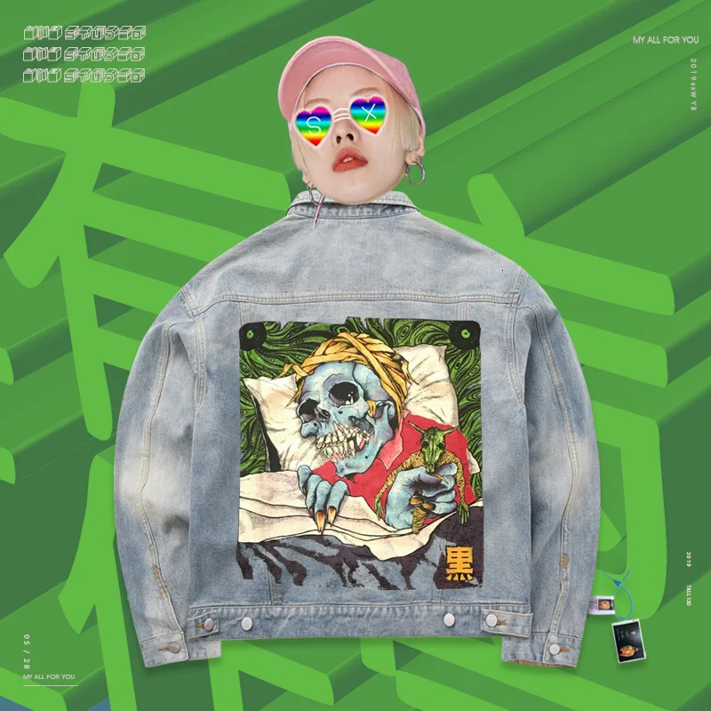 Джинсовая куртка с двумя карманами однобортная шикарная в стиле хип хоп унисекс