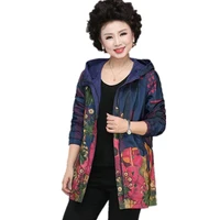 spring autumn blue floral jackets middle aged women hooded collar zipped cardigan coat mother casual outwear 5xl