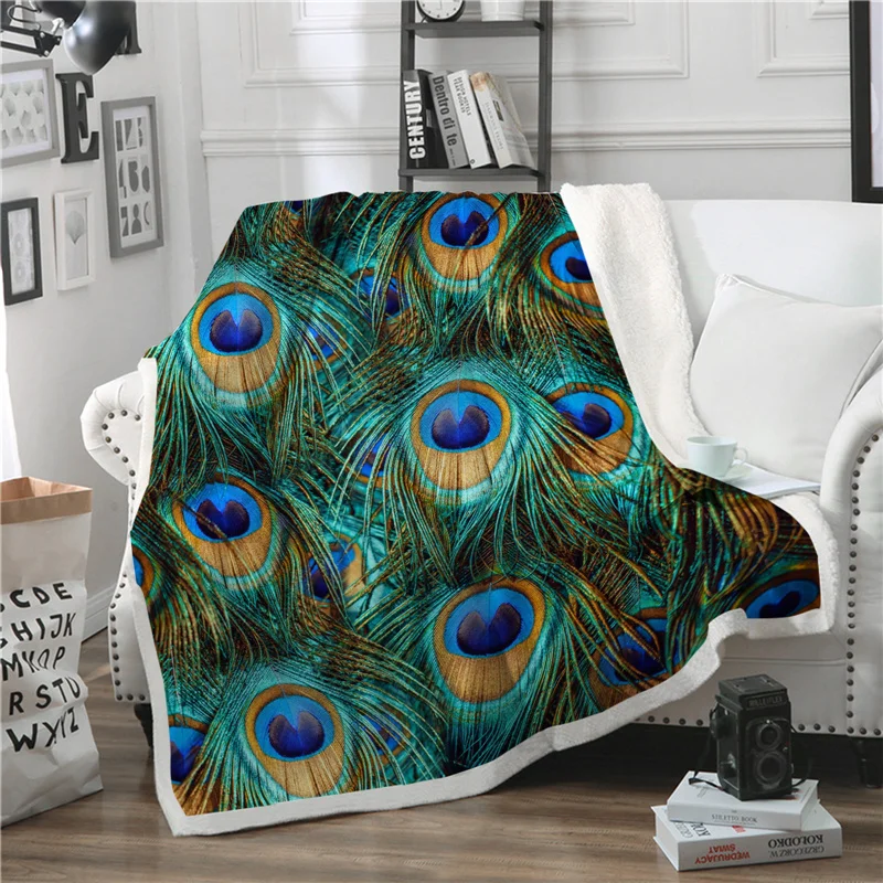 

3D Peacock Feathers Throw Blanket For Sofa Bed Animal Print Bedspread Soft Warm Winter Fleece Plush Car Bed Cover For Child Kids