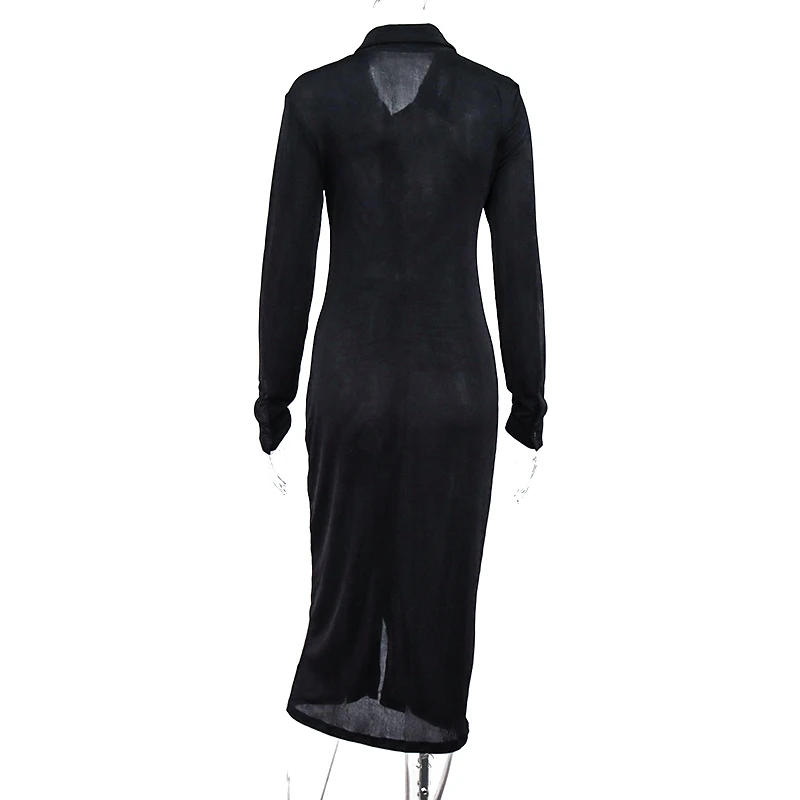 

Winter Black Dress Women Turndown Collar Button Long Sleeve Casual Dresses See Through Sexy Midi Dress Streetwear 2020