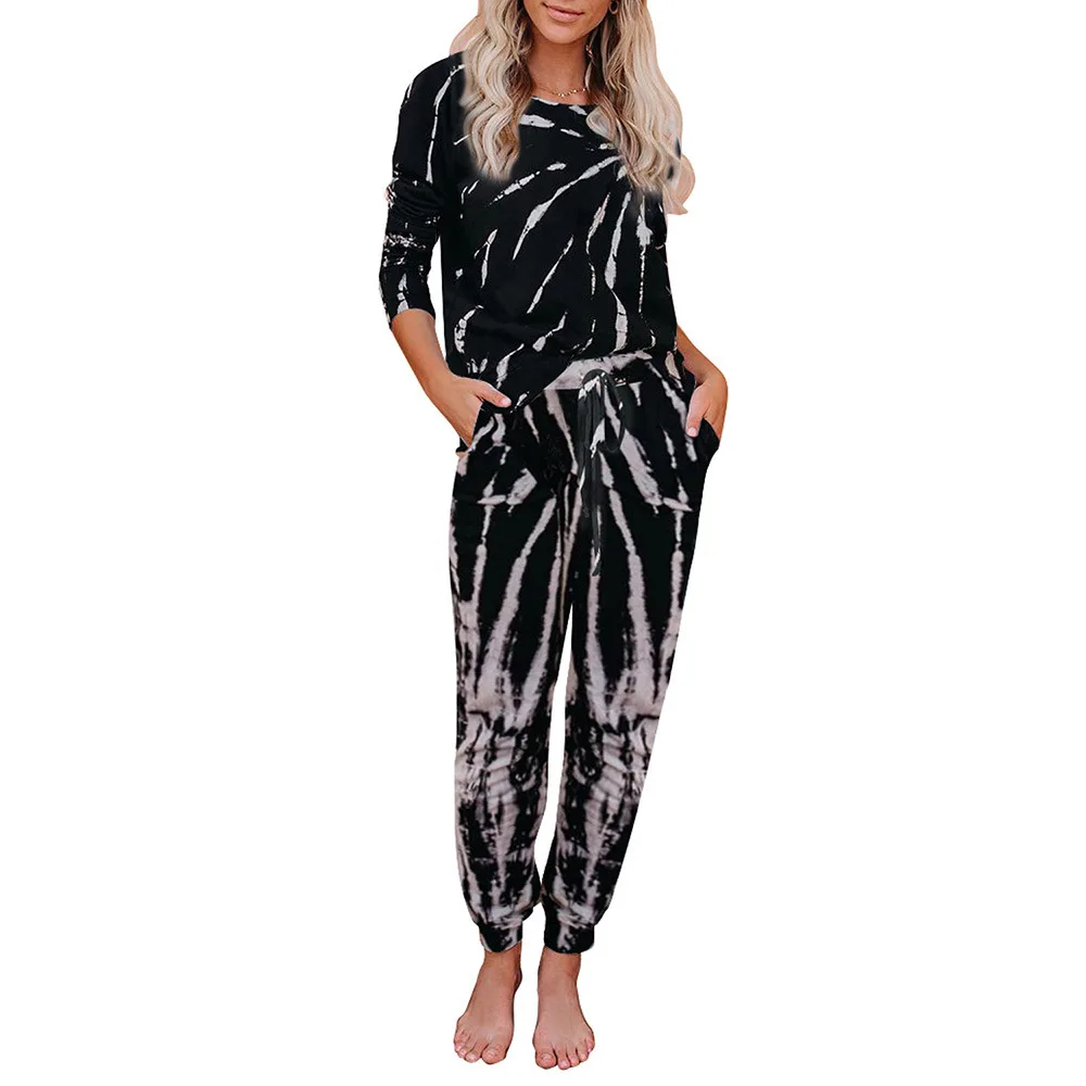 

2020 Amazon new leisure tie dye long sleeve home suit two piece European and American round neck women's pajamas