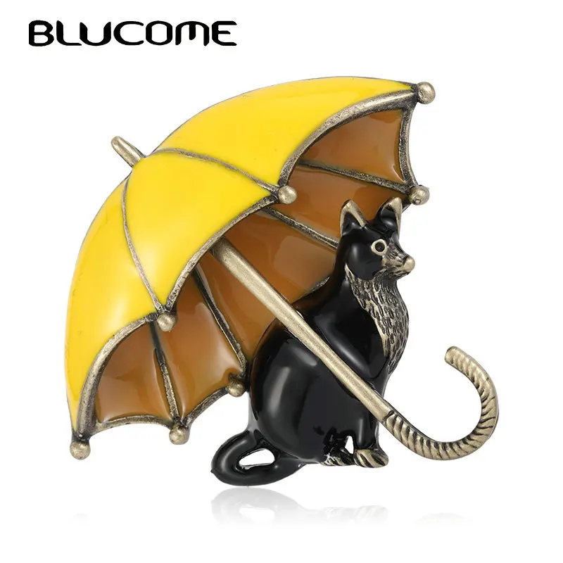 

Blucome Enamel Black Cats Umbrella Shape Brooches Corsage Antique Gold Color Casual Party Vivid Animal Brooch Pins