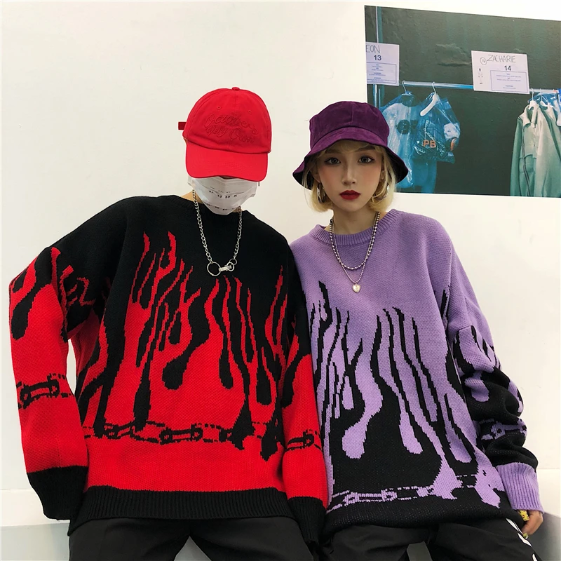

2020 Flaming Fire Print Oversize Knitted Jumpers Gothic Women Fashion Kpop Knitwear Long Sleeve Autumn Winter Sweater Streetwear