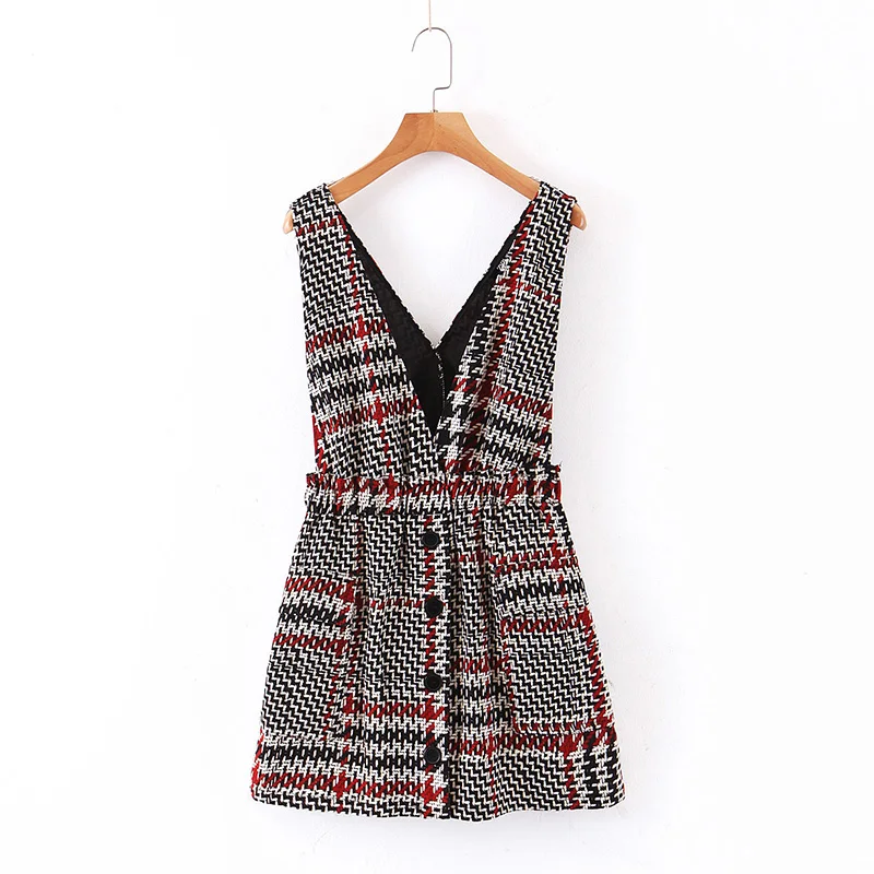 Женское винтажное мини-платье в клетку без рукавов с v-образным вырезом и