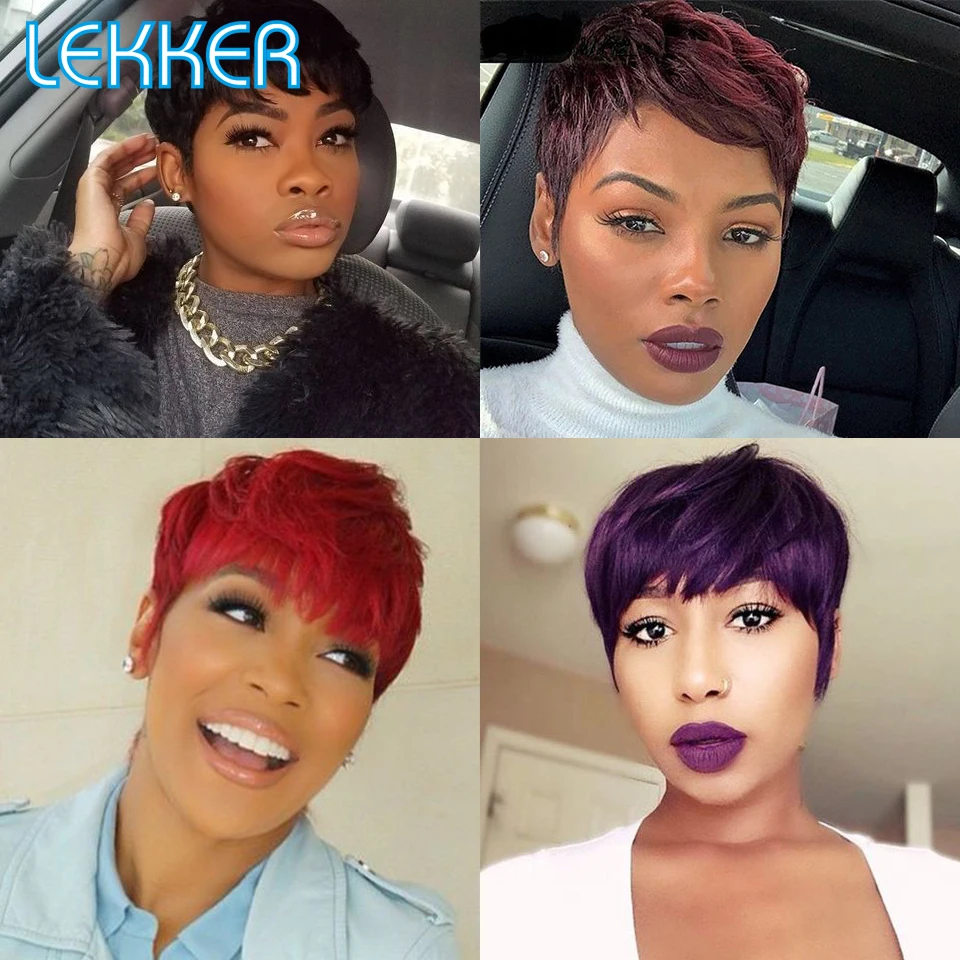 

Lekker Colored Short Straight Pixie Bob Human Hair Wig With Bangs For Women Natural Brazilian Remy Glueless Ombre Purple Red Wig