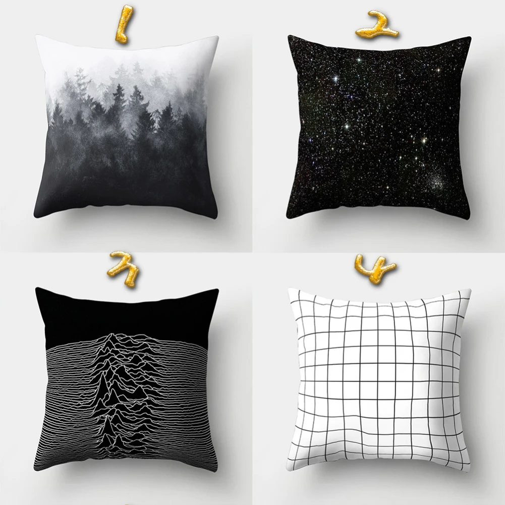 Геометрический чехол для подушки черно белый полиэстеровый в полоску горошек