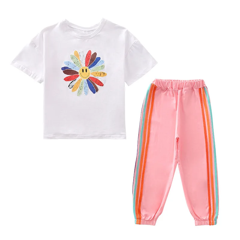 

Kids 2pcs casual track suit girls cartoon T-shirt + colored striped trousers summer new big virgin suit 4-12 years old
