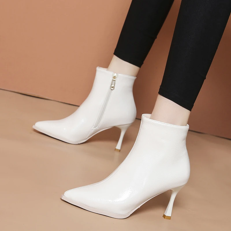 

Pointed high heel white booties Autumn and winter new fine heel Martin boots Naked boots Women's boots Spring single boots