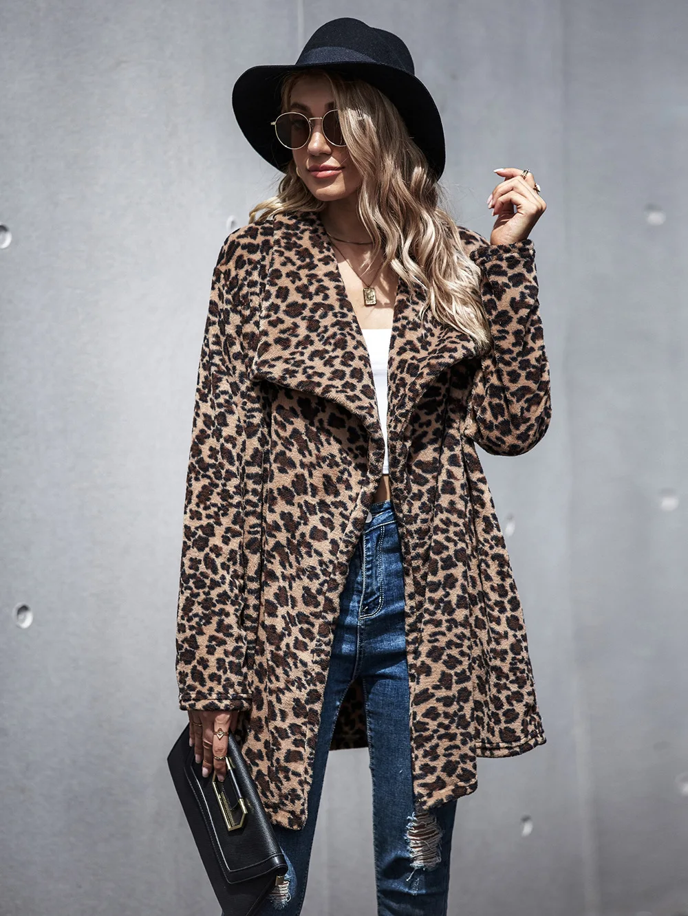

Coat 2020 Autumn Winter Plush Warm Outwear Women's Long-Sleeved Mid-Length Faux Fur Coat Leopard Print Casual Cardigan Overcoat