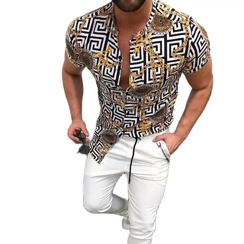 Nation Style Summer fashion Slim Man Shirt 2021 Mens Ethnic Printed Turn-down Collar Short Sleeve Loose Hawaiia Casual Shirt