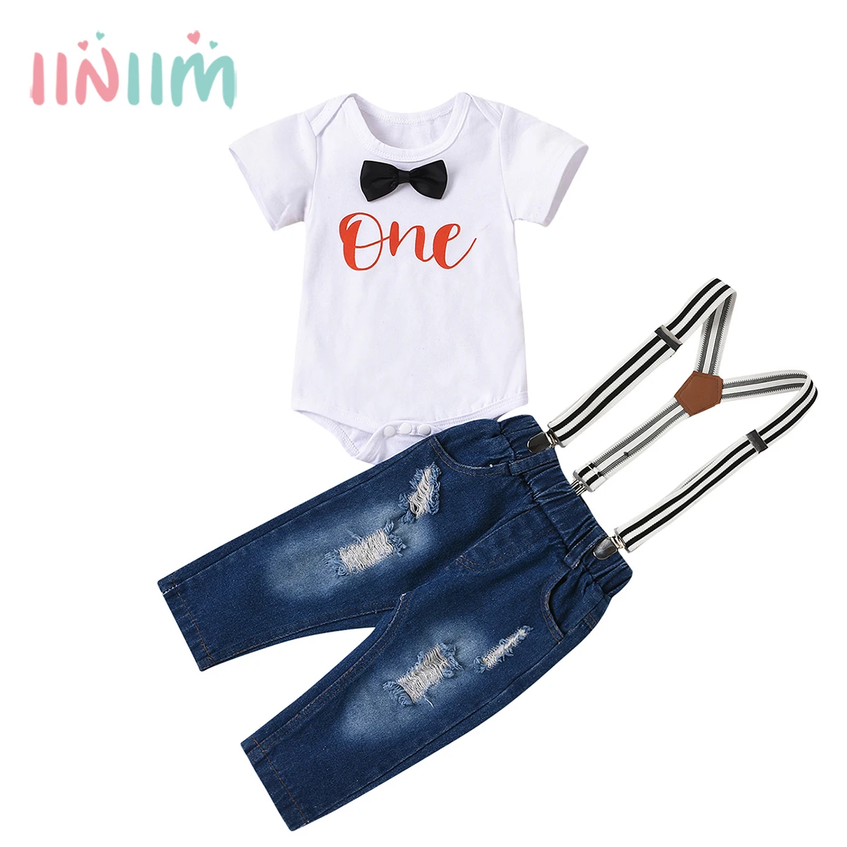 

Baby Boys Bow Formal Romper Suits Infant 1st Birthday Party Gentleman Clothes Letter One Jumpsuit + Denim Ripped Suspender Pants