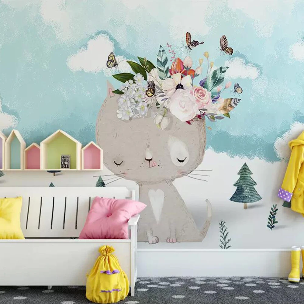3D-обои Milofi на заказ настенные скандинавские Мультяшные котенки цветы фон для