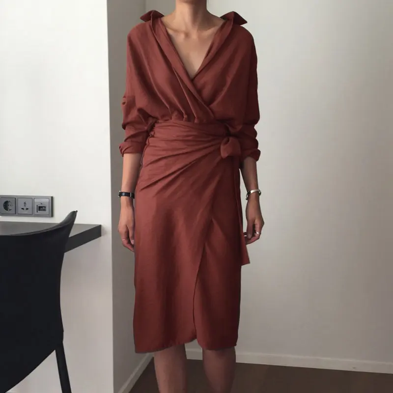 Элегантные женские офисные платья HziriP с глубоким V образным вырезом осенние