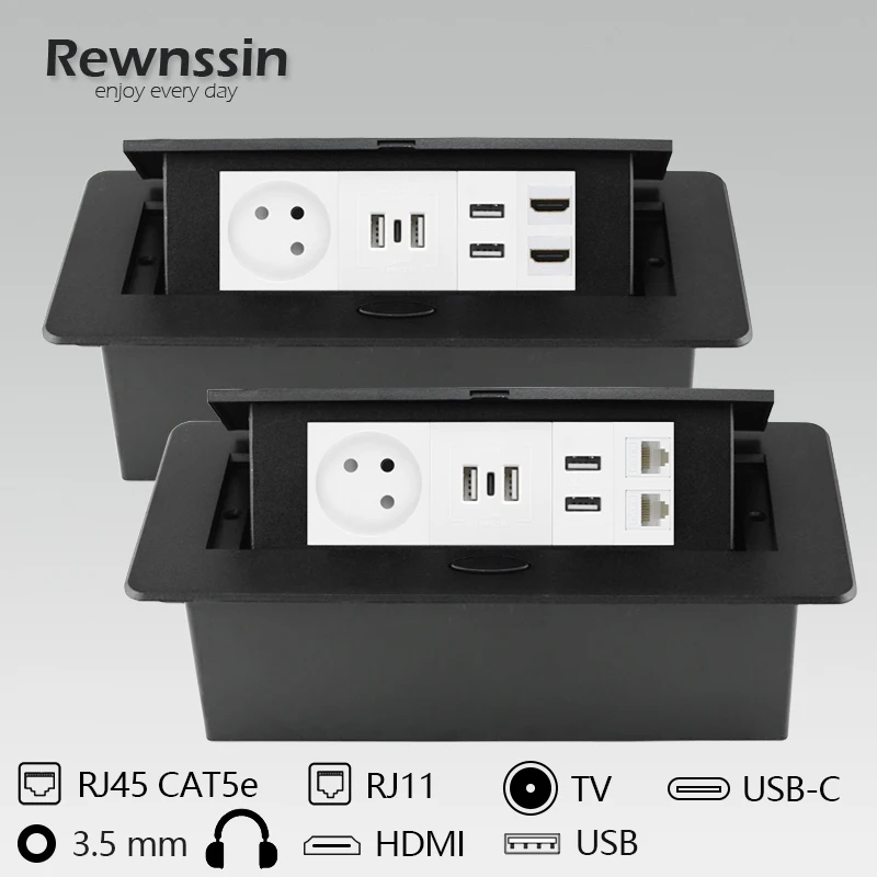 

Rewnssin Черный ящик из алюминиевого сплава 250V 16A Настольная розетка для Израиля, USB-розетка для зарядки типа C, USB-разъем для передачи данных HDMI, р...