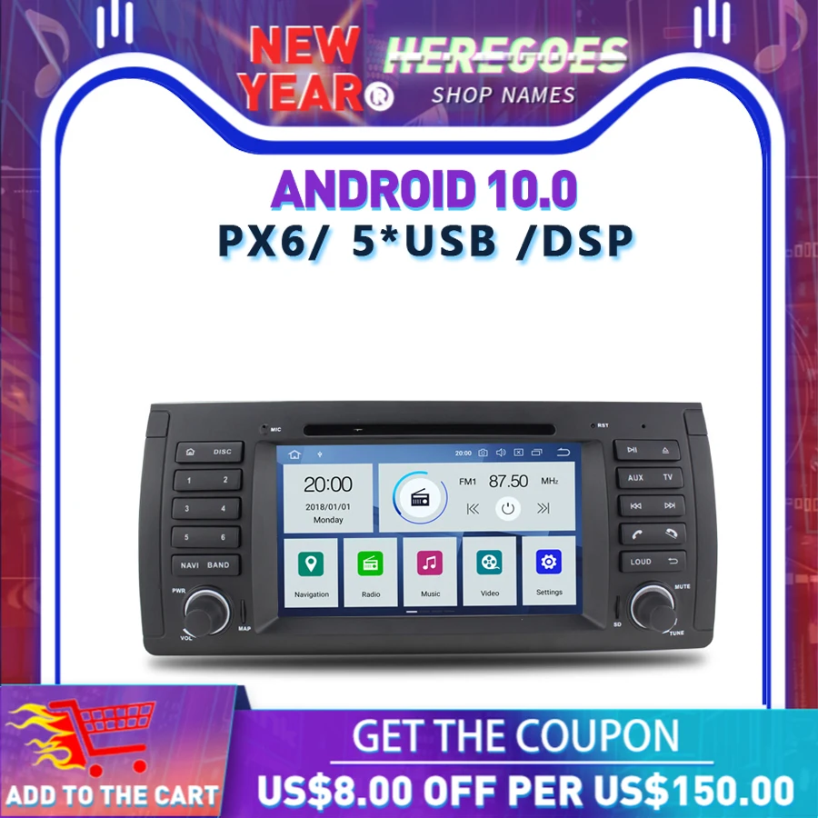 IPS DSP PX6 Android 10 4 Гб + 64 ГБ Автомобильный DVD плеер RDS радио Wifi Bluetooth 5 0 GPS карта для BMW E39 X5