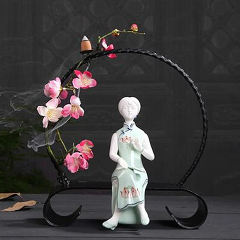 

Creative Ceramic Backflow Incense Burner Pure Hand-carved Zen Play The Zither El Lute Ladies Ornaments Home Crafts Decor M3064