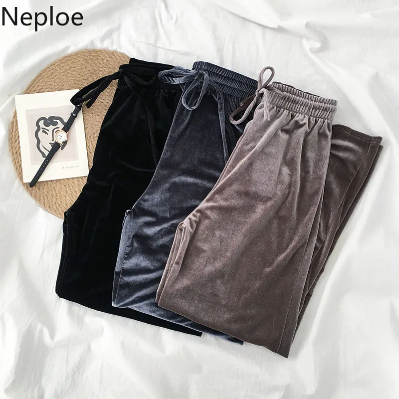 Neploe широкие брюки женские велюровые длинные брюки осенние брюки с высокой талией женские стильные повседневные Капри с ремешками 54354