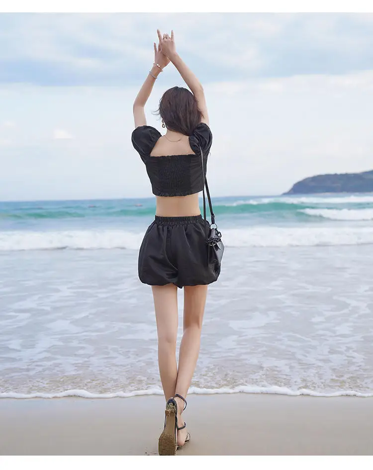 

2021 New Korean Version Of Summer Casual Flare Sleeve Nightclub Solid Color Elegant Party Loose Shorts Holiday Suit Women