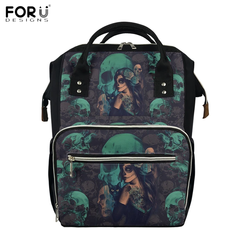 

Модные готические сумки FORUDESIGNS для подгузников с 3D принтом черепа для девочек, женские дорожные рюкзаки, вместительный рюкзак для подгузник...