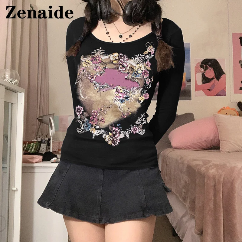 

Zenaide Gothic Floral Print Fashion T Shirt 2021 Autumn Black Vintage O Neck Casual Long Sleeve Crop Top Women