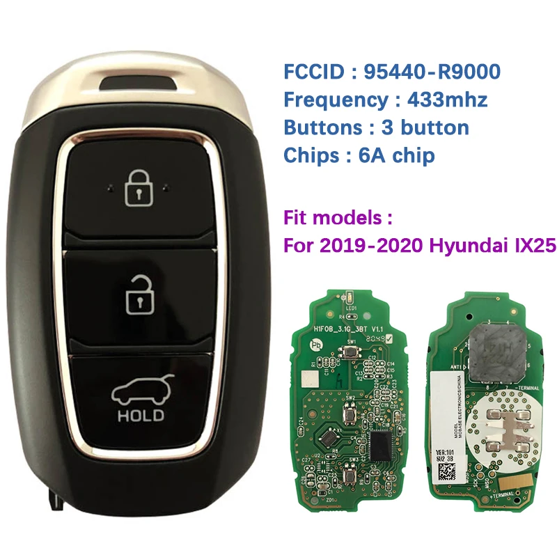 

CN020214 Original 3 Button Smart Key For Hyundai IX25 1.5L 2019-2020 Continuously Variable CVT Remote 433Mhz 6A Chip 95440-R9000