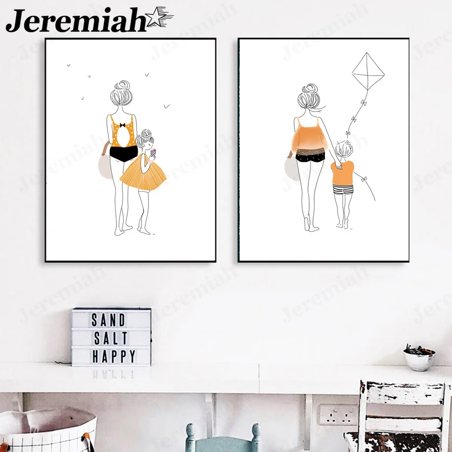 

Modern Cartoon Mother and Child Canvas Painting Girl Boy Kite Simple Poster Wall Art Nordic Children's Room Home Decoration