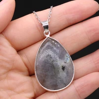 hot selling natural stone pendant drop shaped glitter stone silver plated pendant necklace size 23x34mm chain length 405cm