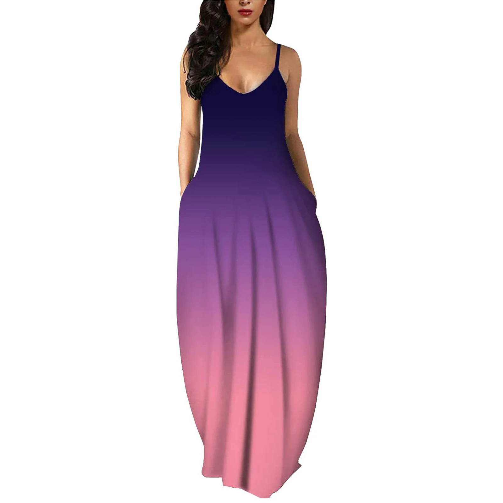 

2021 Women Oversized Casual Bohemi Style Sling Dress Loose Slip Dress U-shaped Collar Sleeveless Long for Vacation Shopping