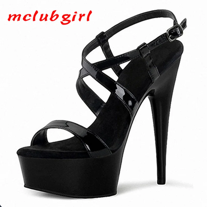 

Mclubgirl 15cm Heels Color Matching Super High Heel Fish Mouth Thin Heel Waterproof Platform Cutout Patent Leather Sandals LYP