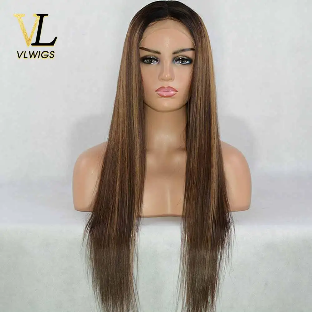 VLwigs эффектом деграде (переход от темного к Выделите парик волос 13x4 Синтетические
