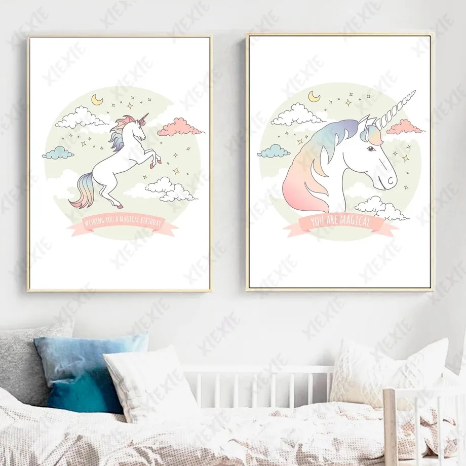 

Fantasy Unicorn Poster Wallpaper Rainbow Clouds Canvas Painting Art Nursery Printing Craft for Kids Room Picture Decoration