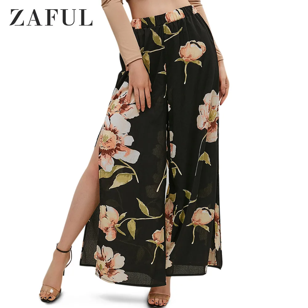 ZAFUL широкие брюки с высокой талией и разрезом цветочным рисунком сбоку