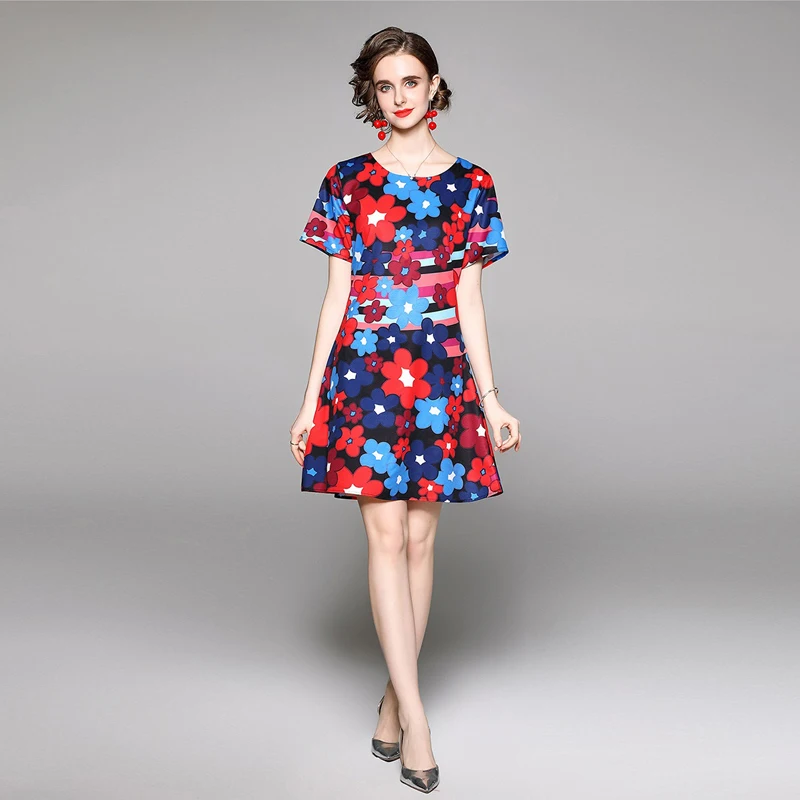 

2022 Newest Summer Girl`s Beach Dress O-Neck Short Sleeve Fashion Multicolor Flowers Print Slim Bodycon Elegant Party Mini Dress