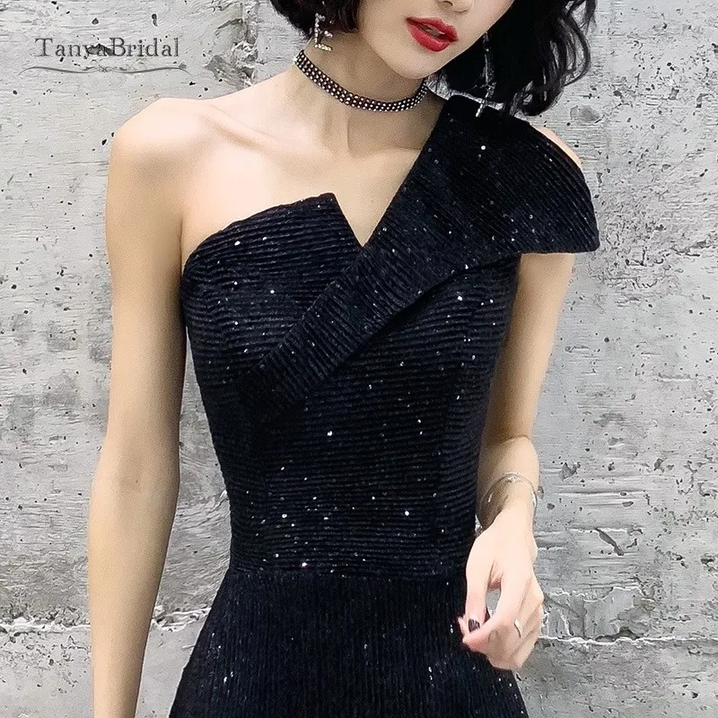 One Shoulder Sequin Evening Dress 2020 Long Prom Black Shiny Sexy vestidos de fiesta Side Slit Glitter Slight robe soi | Свадьбы и