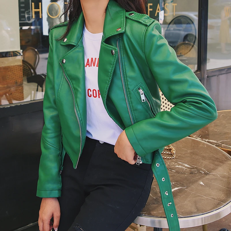 Мотоциклетная Осенняя кожаная куртка женская черная красная желтая зеленая