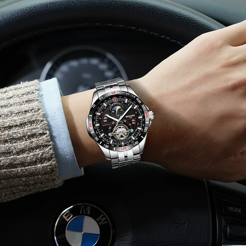

BOYZHE Watch Waterproof Moon Phase Mechanical Watches Stainless Steel Sport Automatic Tourbillon Watch Men Luminous Montre Homme