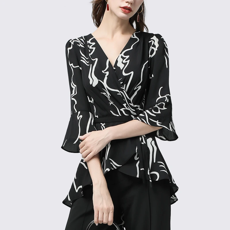 Женские блузки Модные Нерегулярные вырезать печати длинный хвост Тонкий Топ